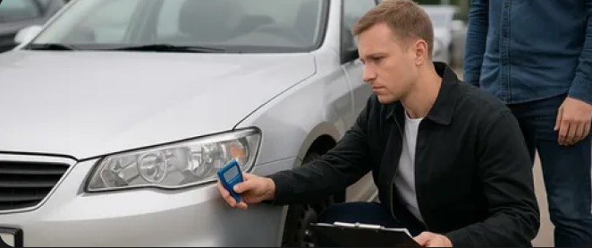 Оценщик осматривает автомобиль